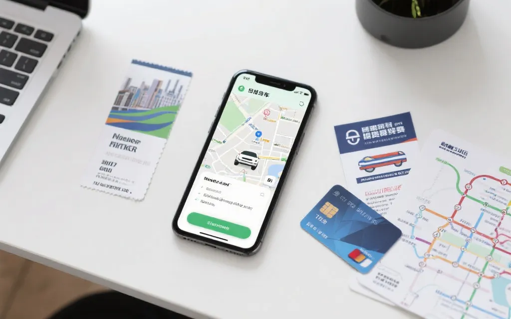 手机地图与打车界面叠加的出行规划桌面,旁边有比赛门票与城市地铁图