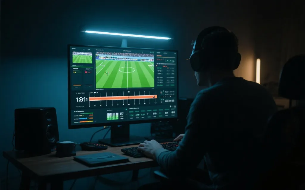 创作者在夜间直播间复盘世界杯比赛的工作台占位图